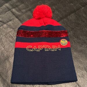 Captain Marvel Red and Blue Kids Beanie w/Pom Pom, EUC